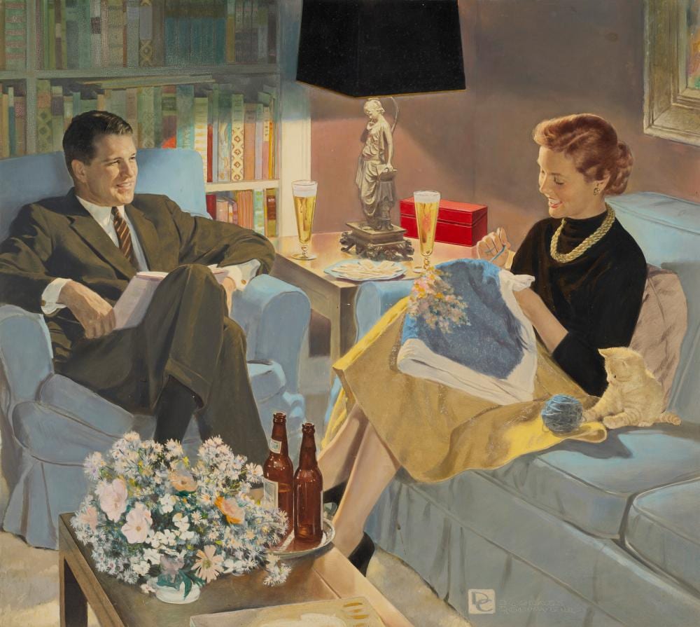Douglass Crockwell comparable auction result: douglass crockwell 1904 1968 quiet evening at home oil on gessoed mason