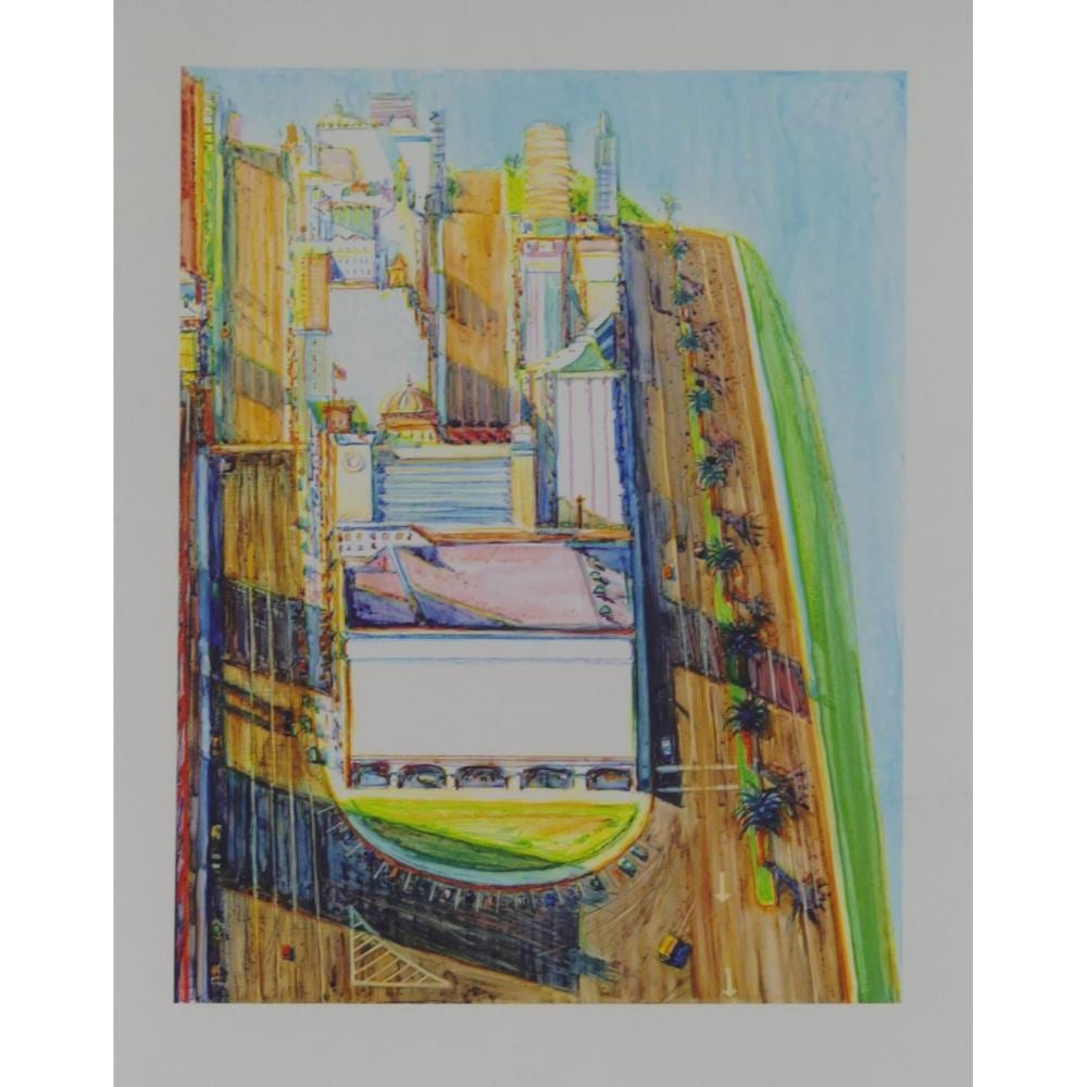 Color lithograph print showing a view of tall buildings in a city, with warm yellow walls and a rooftop terrace in the foreground.