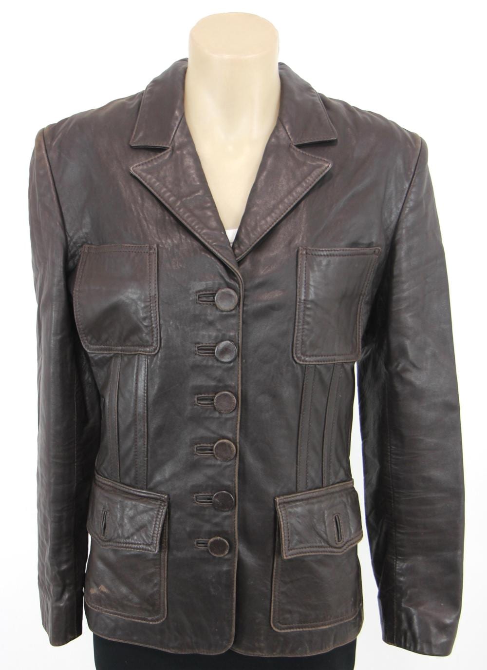 George Gross comparable auction result: george gross australia brown genuine lamb skin leather jacket corset style back collared long sleeve patch flap pockets button closures lined c 1990s