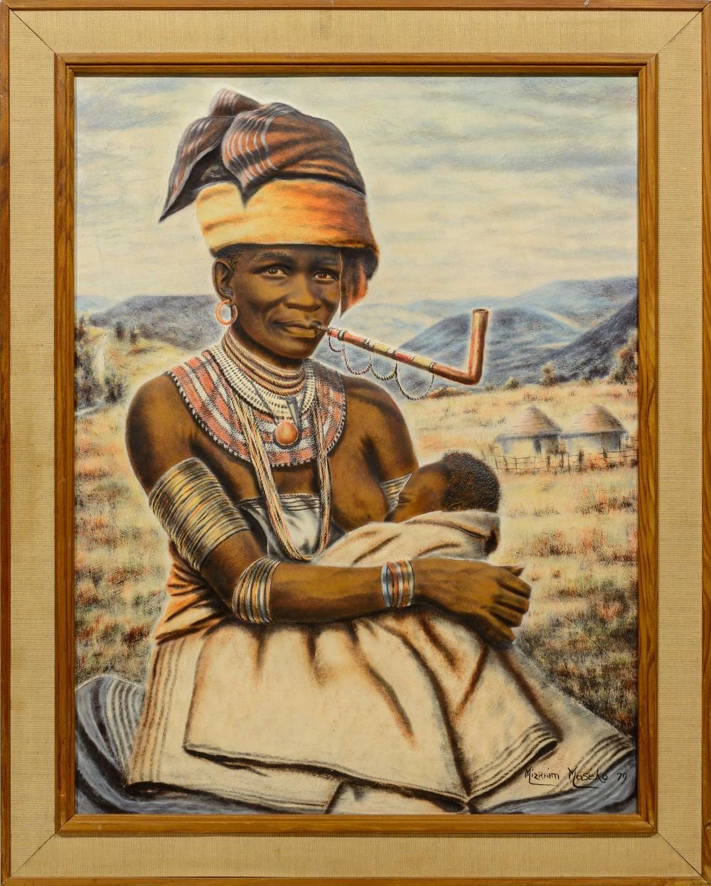 Mizraim Maseko comparable auction result: mizraim maseko sa born 1927 oil on hide mother with pipe and child signed dated 79 60 x 45