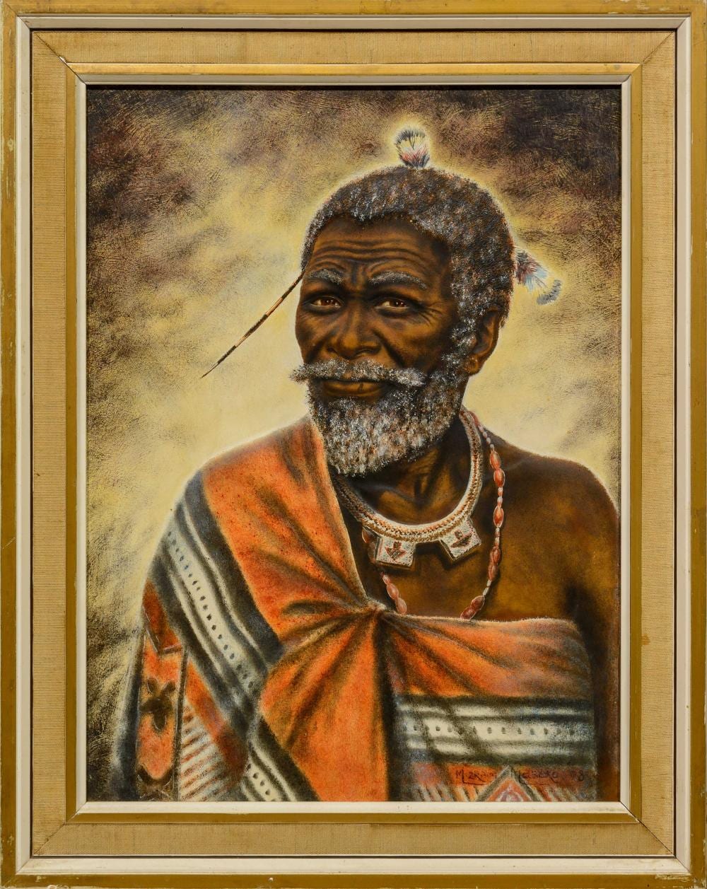 Mizraim Maseko comparable auction result: mizraim maseko sa born 1927 oil on hide swazi elder signed dated 78 titled verso 40 x 30