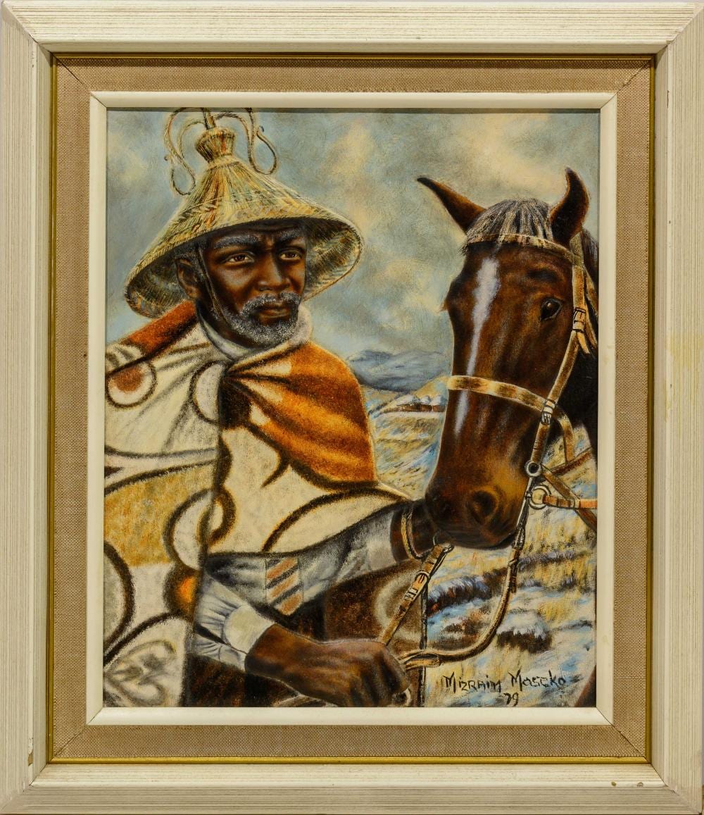 Mizraim Maseko comparable auction result: mizraim maseko sa born 1927 oil on hide after the snow signed dated 79 titled verso 30 x 24