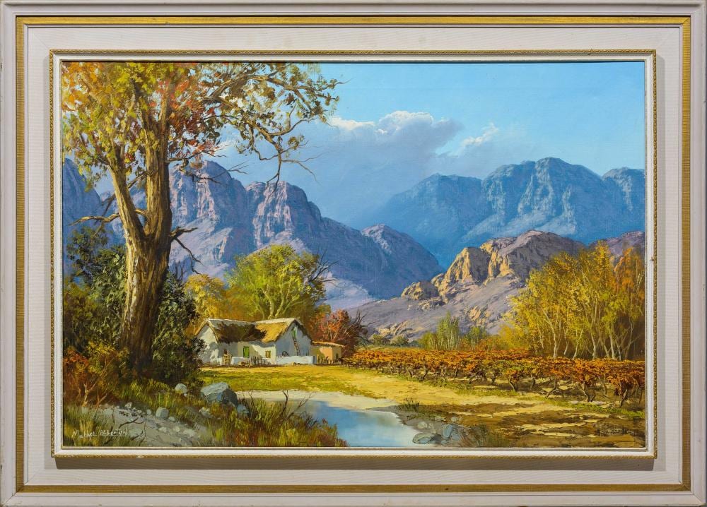 Michael Albertyn comparable auction result: michael albertyn sa born 1938 oil mountain landscape with cape cottage 60 x 90