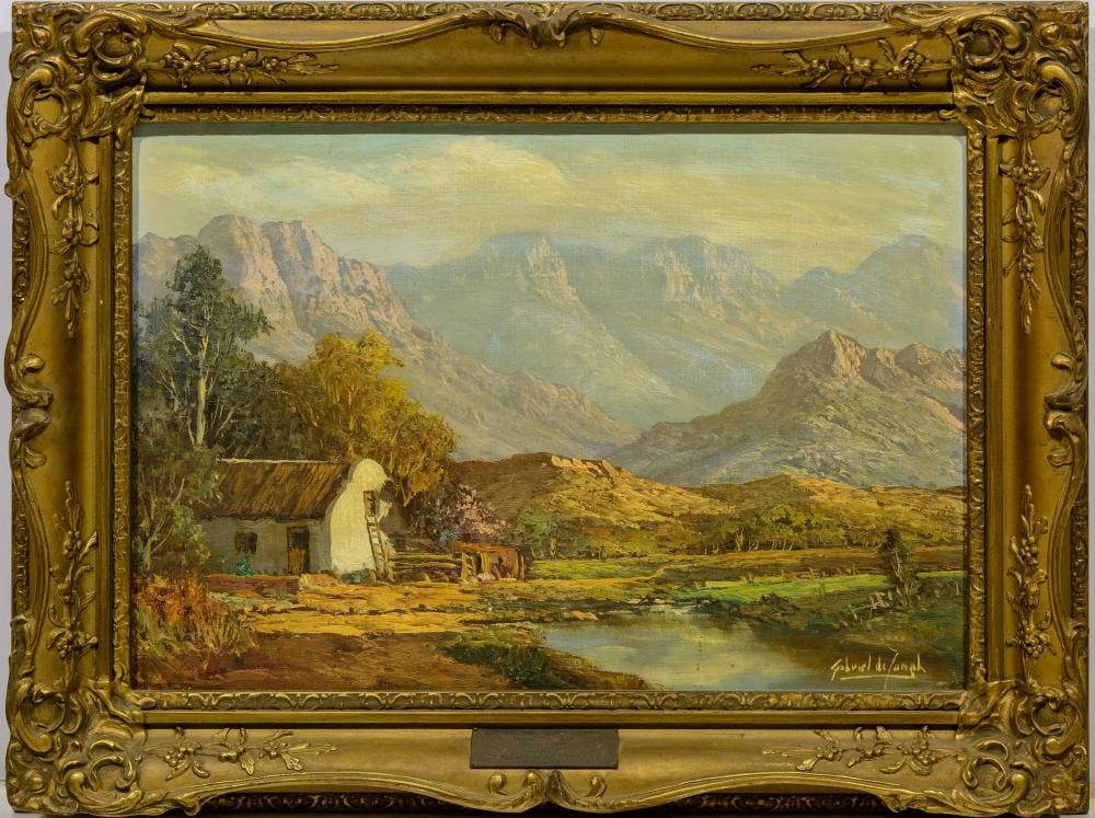 Gabriel DeJongh comparable auction result: gabriel de jongh sa 1913 2004 oil mountain landscape with cape dutch cottage signed 32 x 48