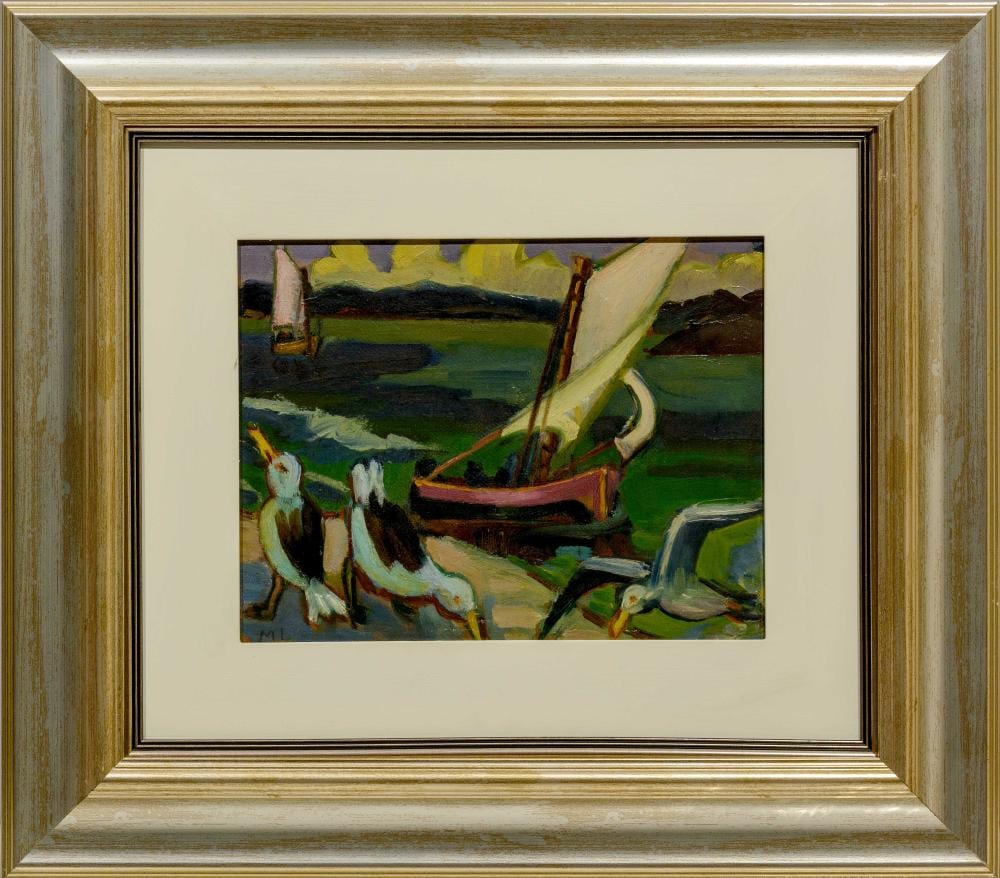Maggie Laubser comparable auction result: maggie laubser sa 1886 1975 oil boats and seagulls signed with initials dalene marais pp 195 provenance mrs m e cluver 21 x 28