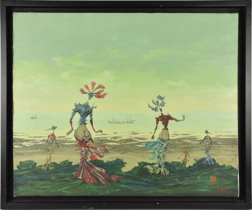 Lucien Coutaud comparable auction result: lucien coutaud french 20th century octobre marin 1962 oil on canvas a surrealist depiction of six figures