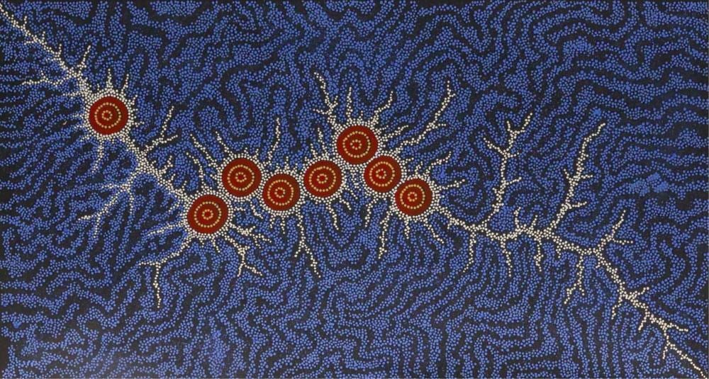 Blue ground with intricate dot-and-line pattern forming wavy movement and a row of red circular spiral symbols.