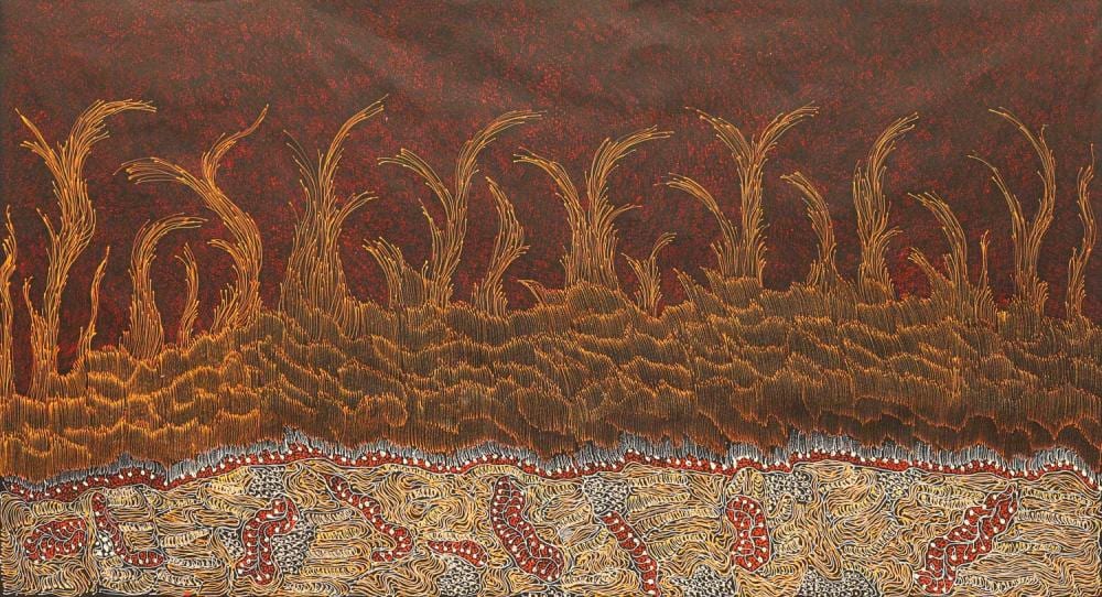 Jorna Newberry comparable auction result: jorna newberry fire dreaming acrylic on canvas 110cm x 200cm