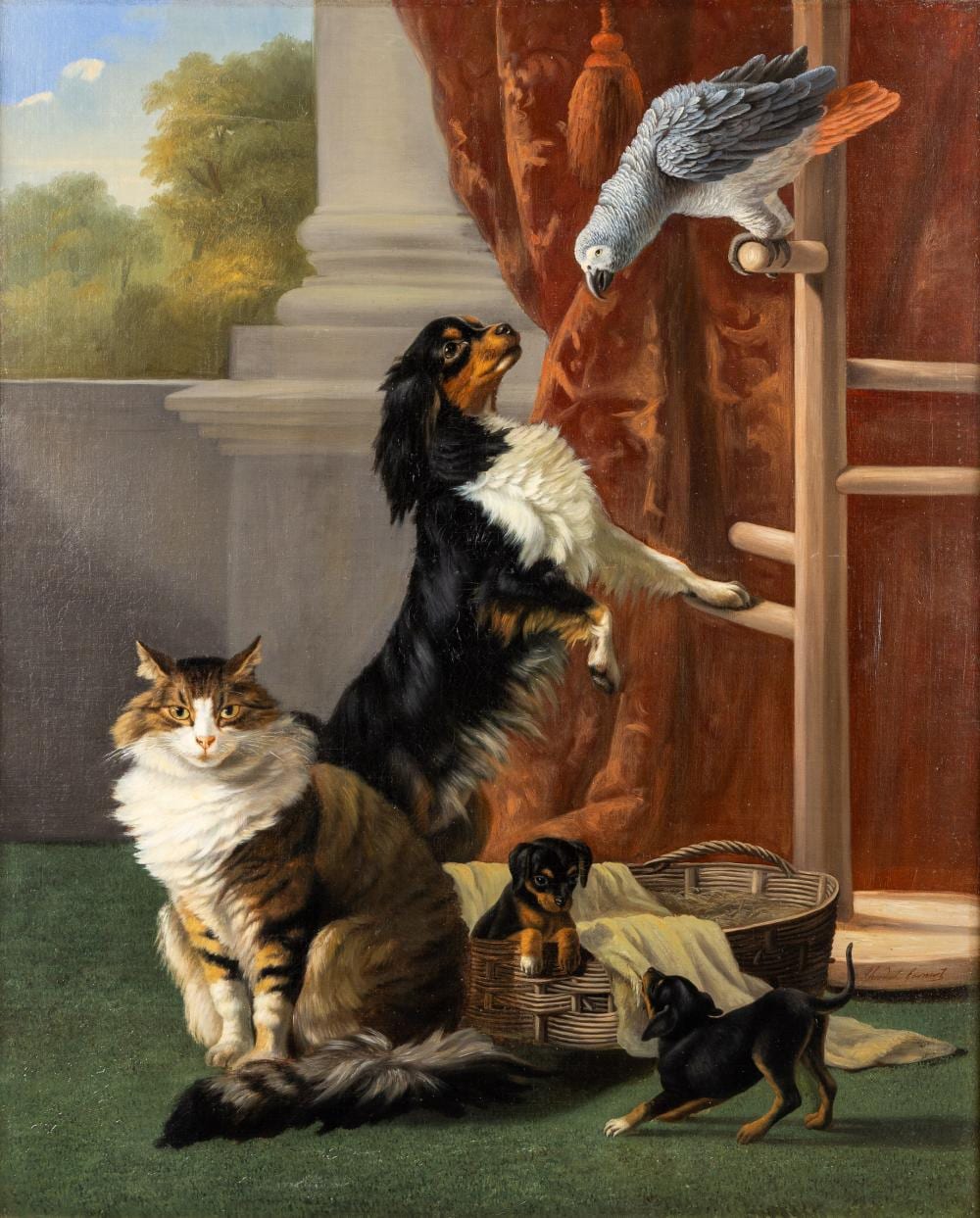 Jozef Geirnaert comparable auction result: jozef geirnaert 1790 91 1859 chien chiot chat et perroquet