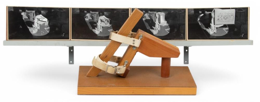 Robert H. Cumming comparable auction result: robert h cumming american 1943 2021 wood metal canvas straps 1977 arm clamps h 6 1 w 38 5 depth 3 1