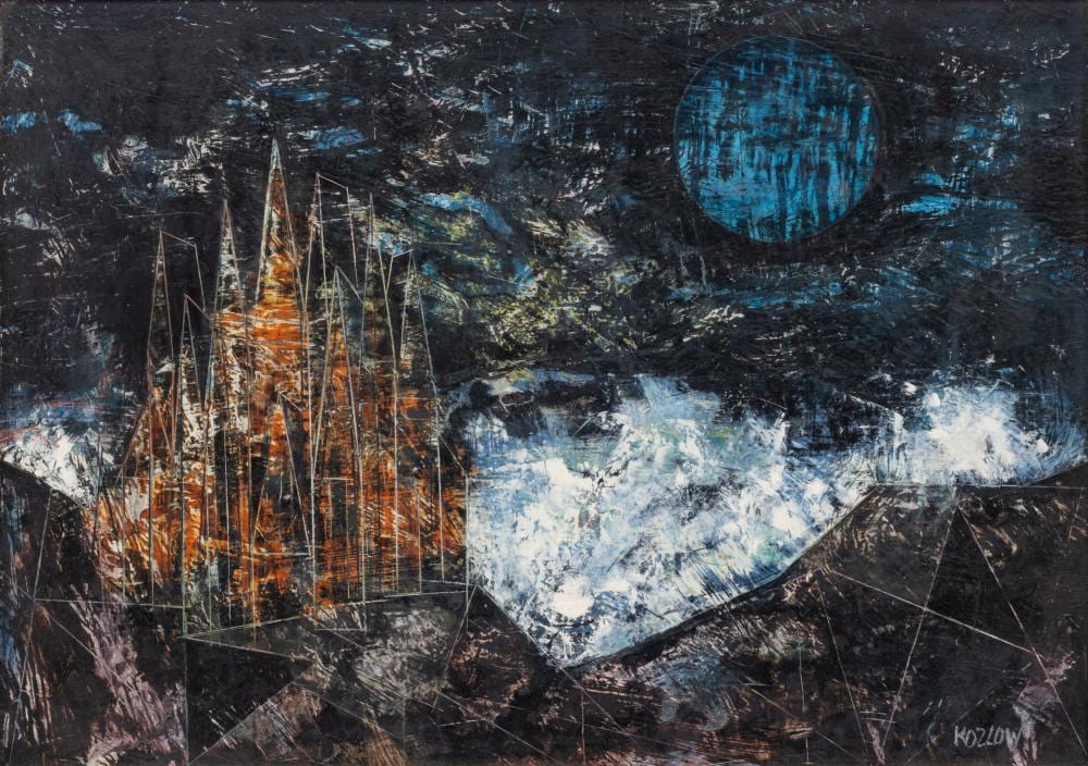 Richard Kozlow comparable auction result: richard kozlow american 1926 2008 tempera on masonite 1955 moonlit coast h 10 w 15