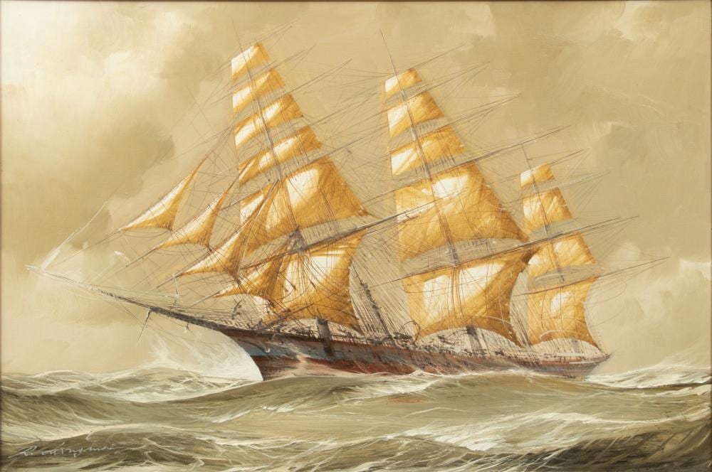 Renato Longanesi comparable auction result: renato longanesi italian b 1931 oil on canvas ca 1960 clipper ship in rough seas h 24 w 36
