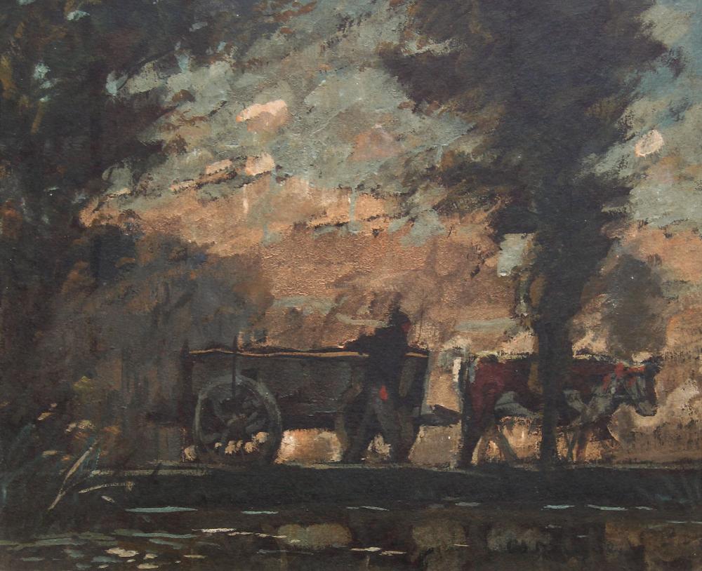 Wilhelm (1866) Nagel comparable auction result: wilhelm nagel ochsenfuhrwerk bei einem waldteich