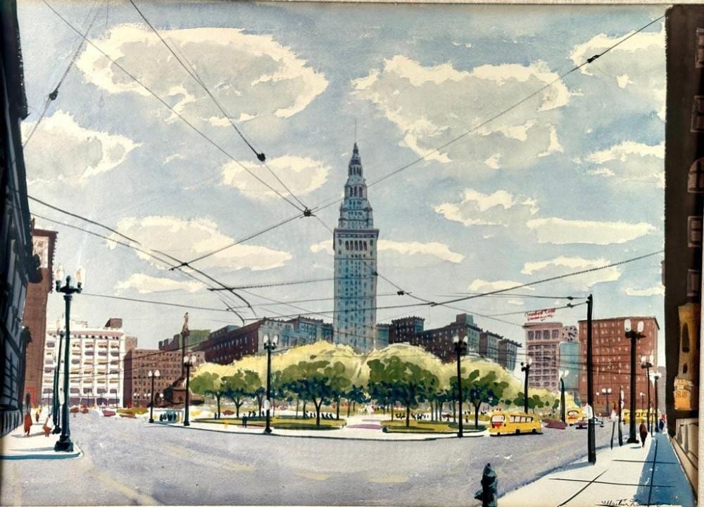 Martin Linsey comparable auction result: martin linsey watercolor downtown cleveland with terminal tower and public square