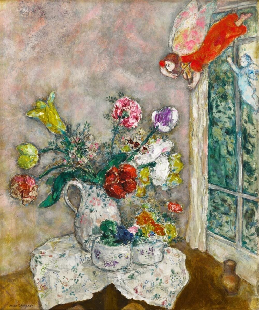 Marc Chagall 馬克 · 夏加爾 | Fleurs de printemps (La Cruche aux fleurs de printemps) 瓶承春華 comparable sale
