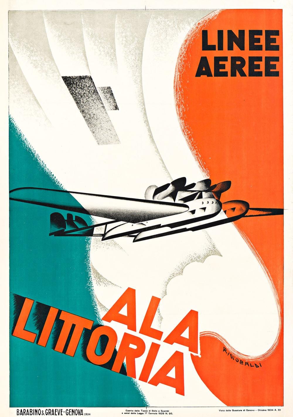 Giuseppe Riccobaldi comparable auction result: giuseppe riccobaldi del bava 1887 1976 ala littoria linee aeree 1934 39x27 inches 99x69 cm barabino graeve genoa