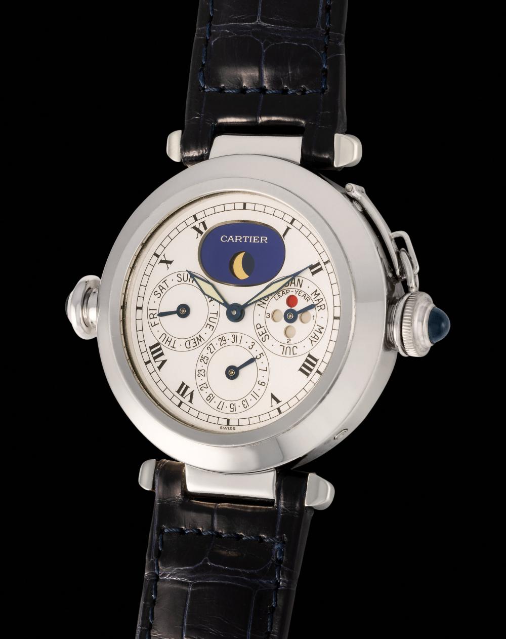Cartier. An extremely rare, important and iconic, Pasha, perpetual calendar, moon phase, minute repeater, automatic wristwatch in platinum, possibly only five examples manufactured, published in Osvaldo Patrizzi's book 'White Cartier Bianco.' sold by Monaco Legend Group, lot 63 — auction record photograph