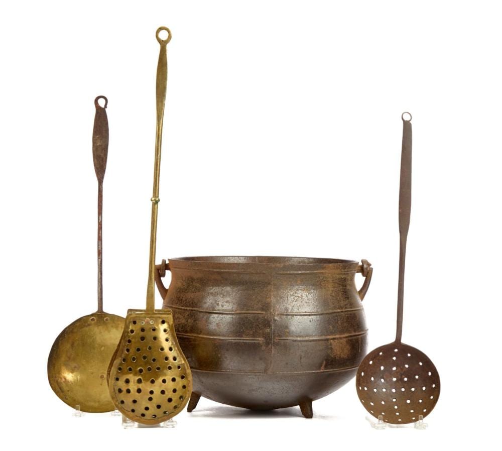 ANTIQUE CAST IRON CAULDRON, LADELS, & SLUG WARMER sold by John McInnis Auctioneers, lot 683 — auction record photograph