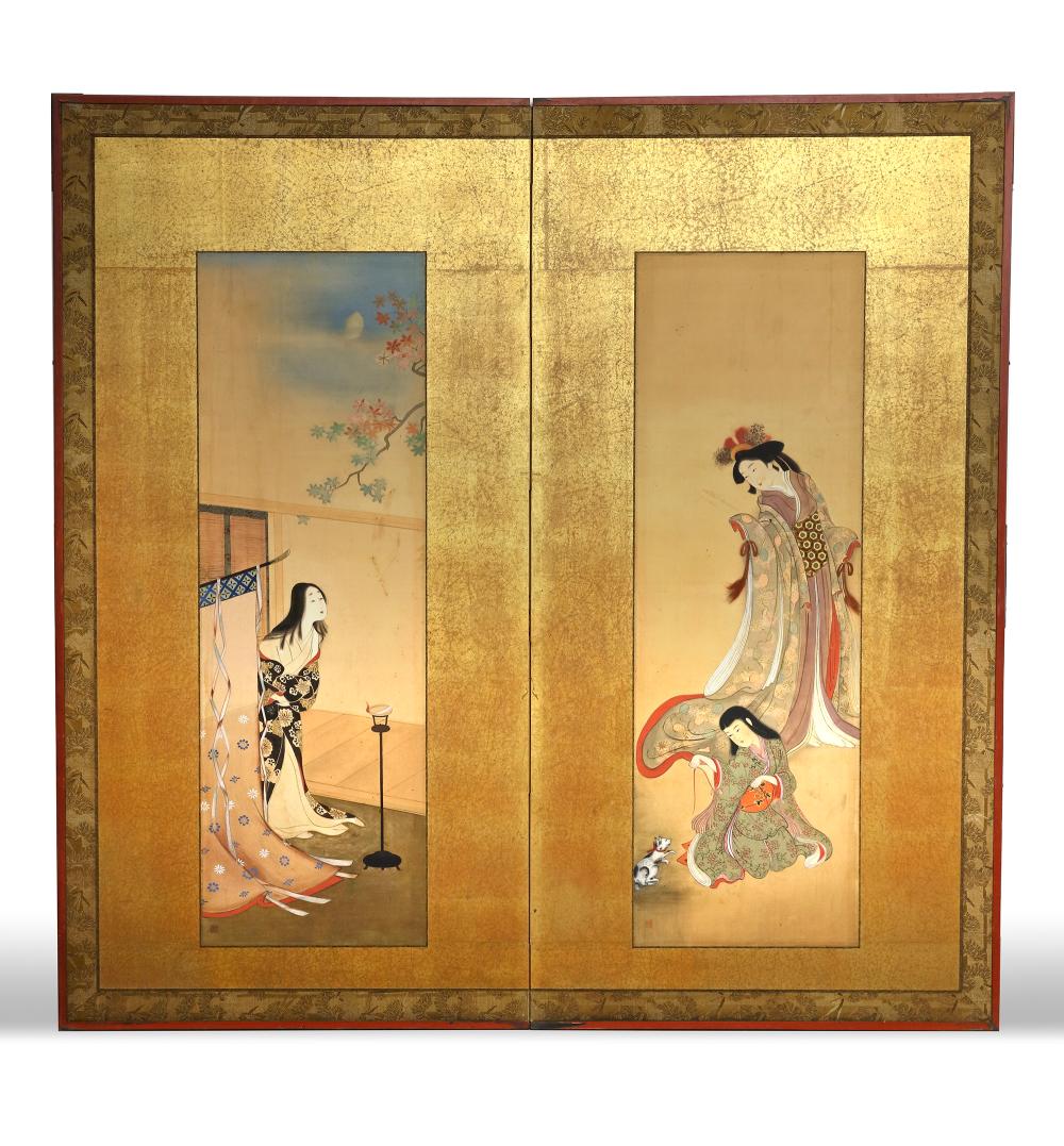 ANTIQUE JAPANESE BYŌBU SCREEN — BIJINGA BEAUTIES IN TRADITIONAL ELEGANCE sold by Oriental Art Auctions, lot 46 — auction record photograph