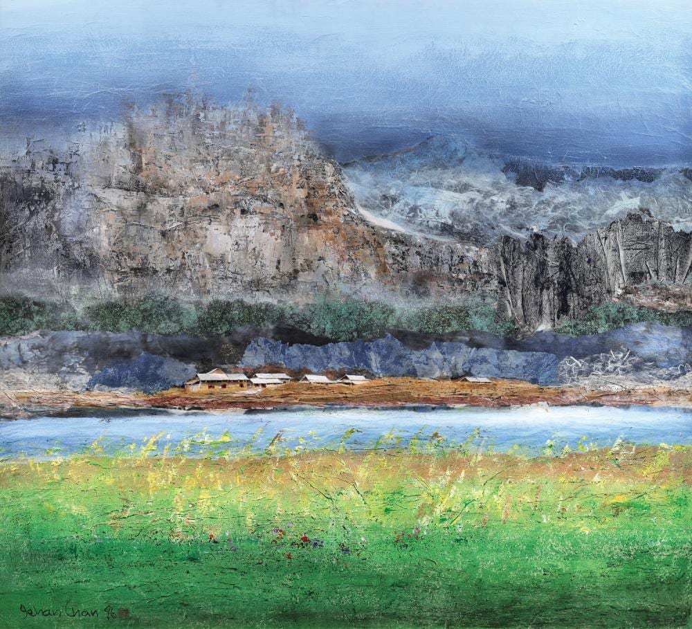 Chan  Jehan comparable auction result: jehan chan b 1937 2011 village underneath rocky hill 1996