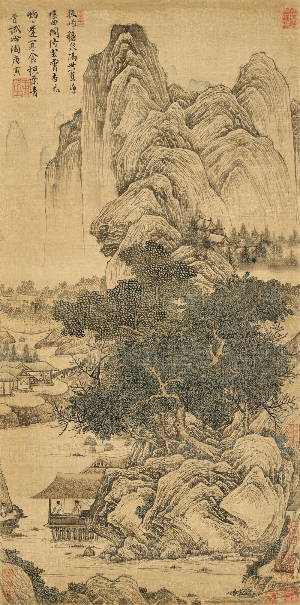 Tang Yin (1470-1523). Meandering Pavilions and Towering Cliffs. Hanging scr comparable sale