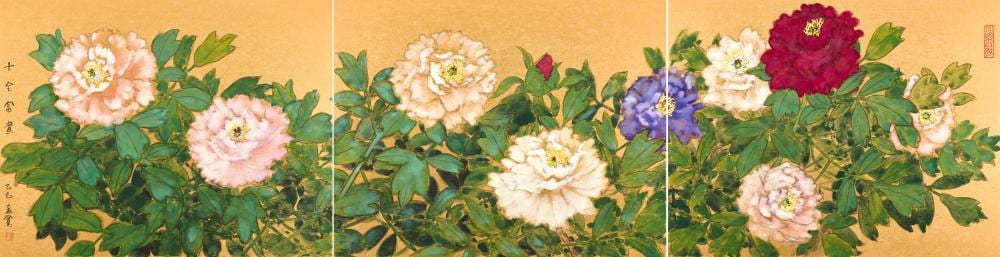 Liu Mengkuan comparable auction result: liu mengkuan b 1950 peonies in blossom a set of three scrolls mounted
