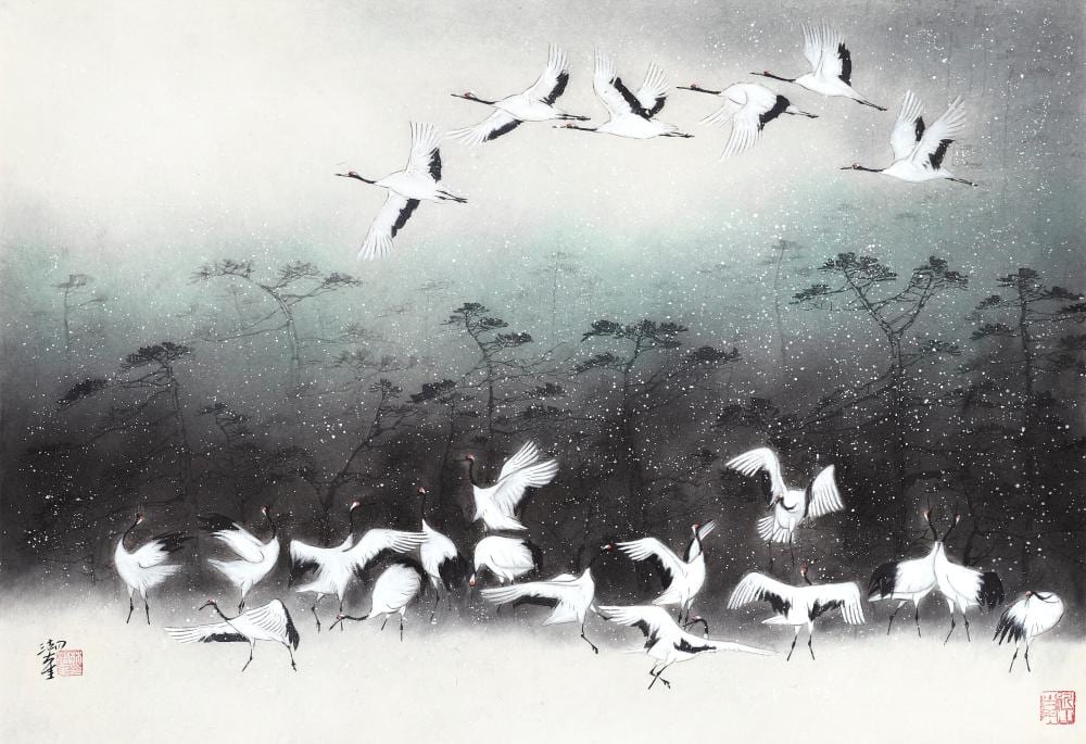 Hukui Lin comparable auction result: lin hukui lam wu fui b 1945 dancing cranes in pine forest scroll mou