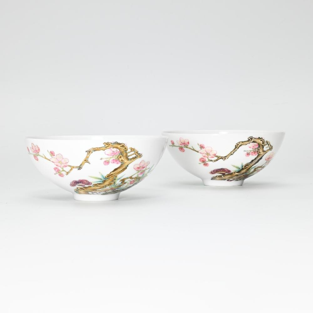 A Fine And Very Rare Pair OF FAMILLE ROSE 'PRUNUS AND LINGZHI'.... YONGZHEN comparable sale