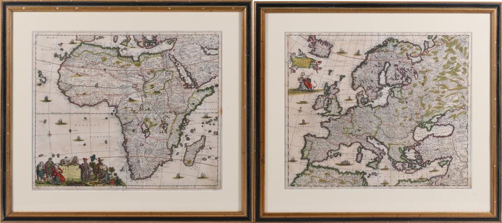 Justus Danckerts comparable auction result: justus danckerts dutch 1635 1701 two maps europe and african continents 17th century hand colored engraving frame 30 1 4 w x 27 3 8 h inches