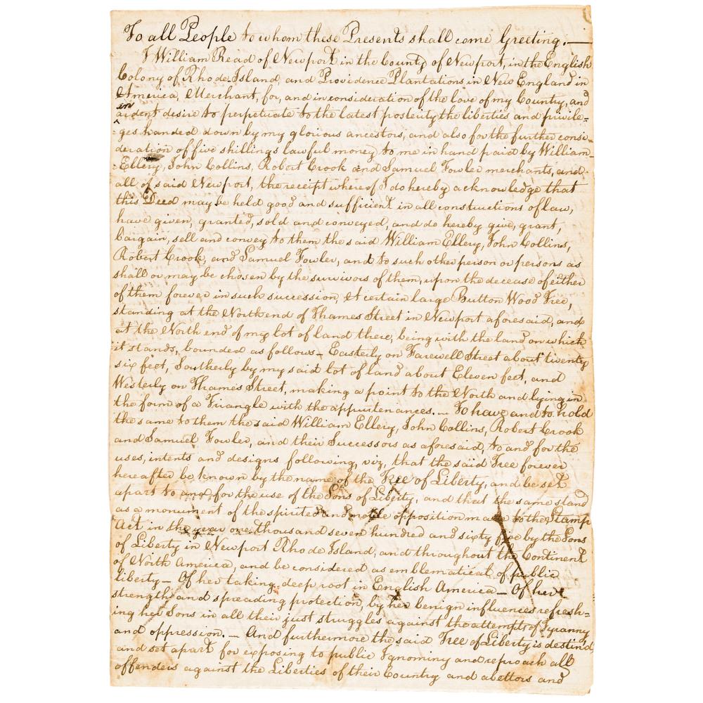 TREE OF LIBERTY Newport, Rhode Island Early Historical Research Document Archive sold by Early American History Auctions, lot 57 — auction record photograph