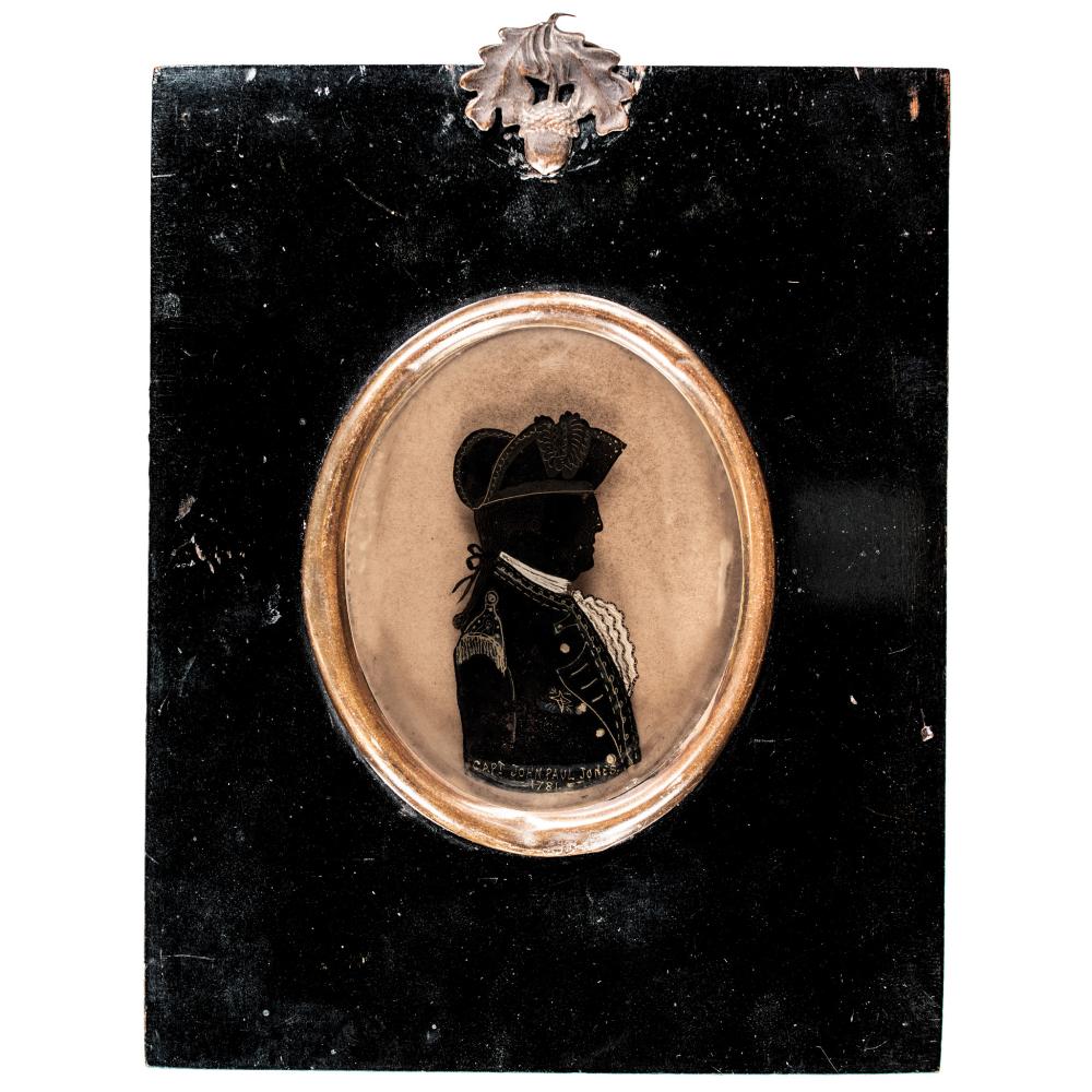 Oval silhouette portrait of a man in a dark naval-style uniform with a bicorne hat, set within a gold-toned frame on a black background.