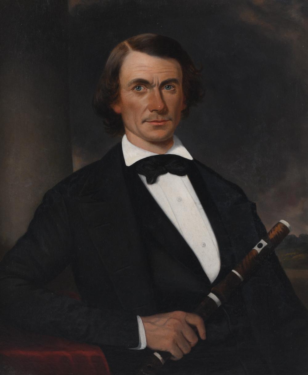 STYLE OF DEACON ROBERT PECKHAM, AMERICAN CIRCA 1840, PORTRAIT OF A SEATED GENTLEMAN HOLDING A WOODEN FLUTE, CIRCA 1840, Oil on canvas, 31 1/4 x 26 in. (79.4 x 66 cm.), Frame: 38 x 32 3/8 in. (96.5 x 82.2 cm.) sold by Potomack Company, lot 6039 — auction record photograph
