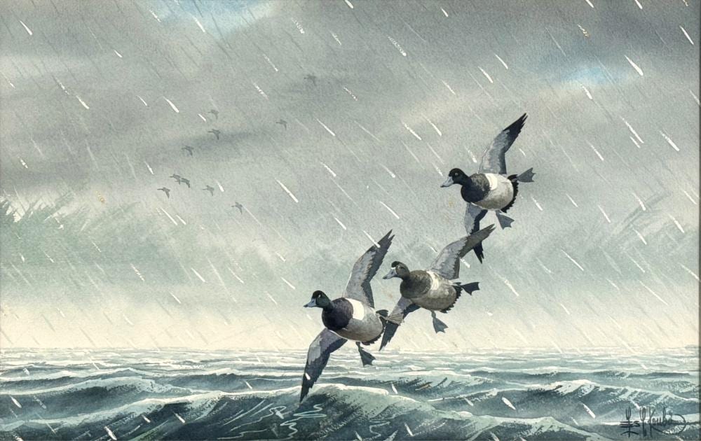 Leslie C Kouba comparable auction result: les kouba blue bills in heavy snow watercolor