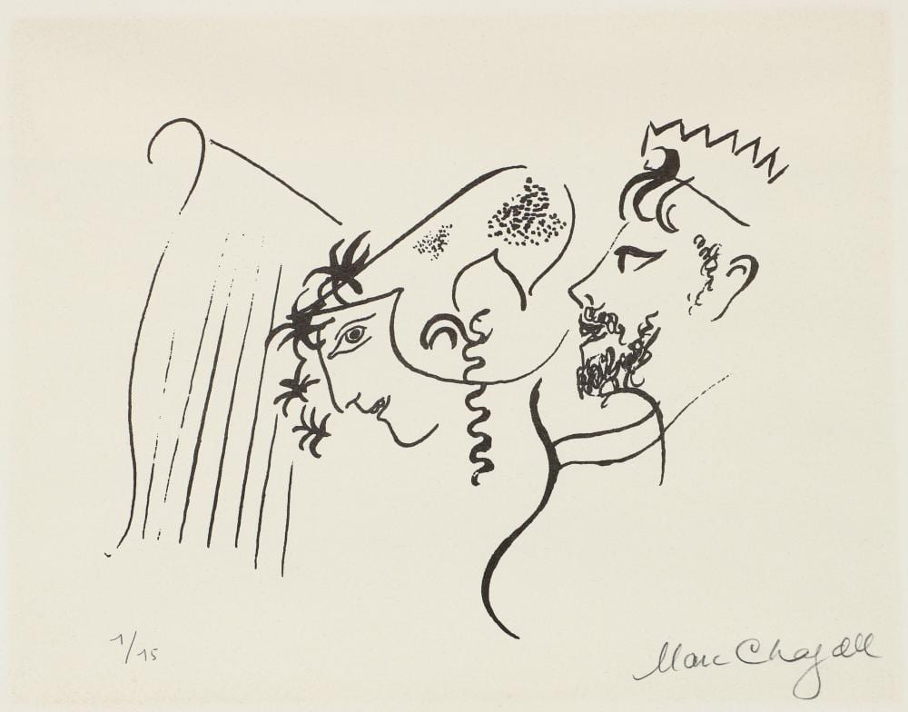 Black-and-white lithograph-style illustration of a crowned man reaching toward a winged or hovering figure, with a heart-like shape on the background.