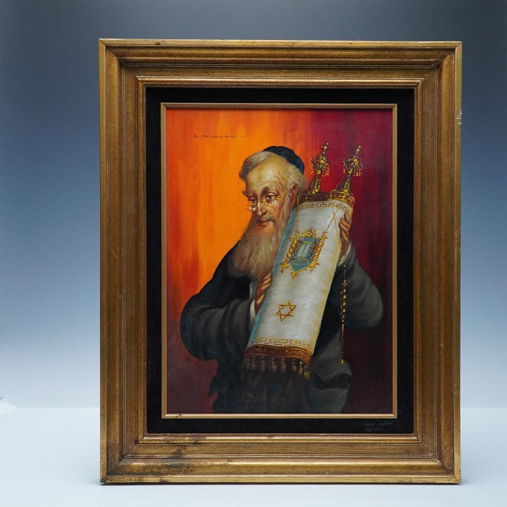 Abraham Straski comparable auction result: abraham straski judaica oil on canvas rabbi carrying torah scroll signed