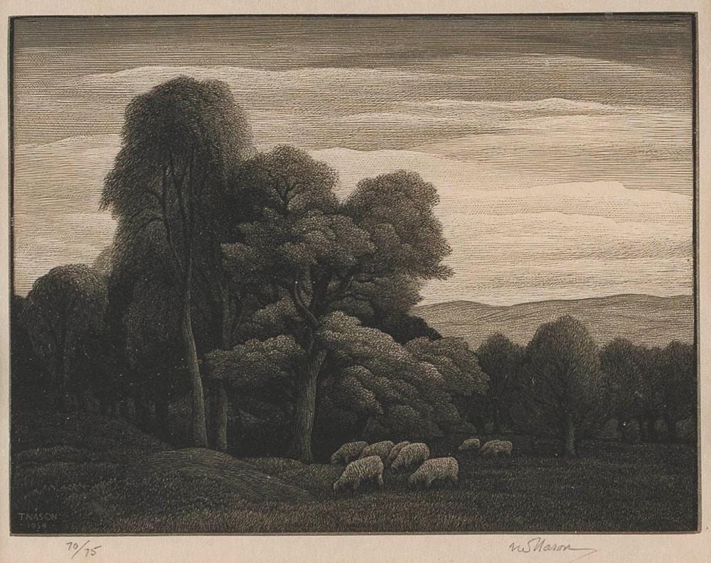 Thomas Willoughby Nason comparable auction result: thomas willoughby nason massachusetts connecticut 1889 1971 landscape with sheep 1934 wood engraving 5 x 6 5 framed 12 75 x 14 75