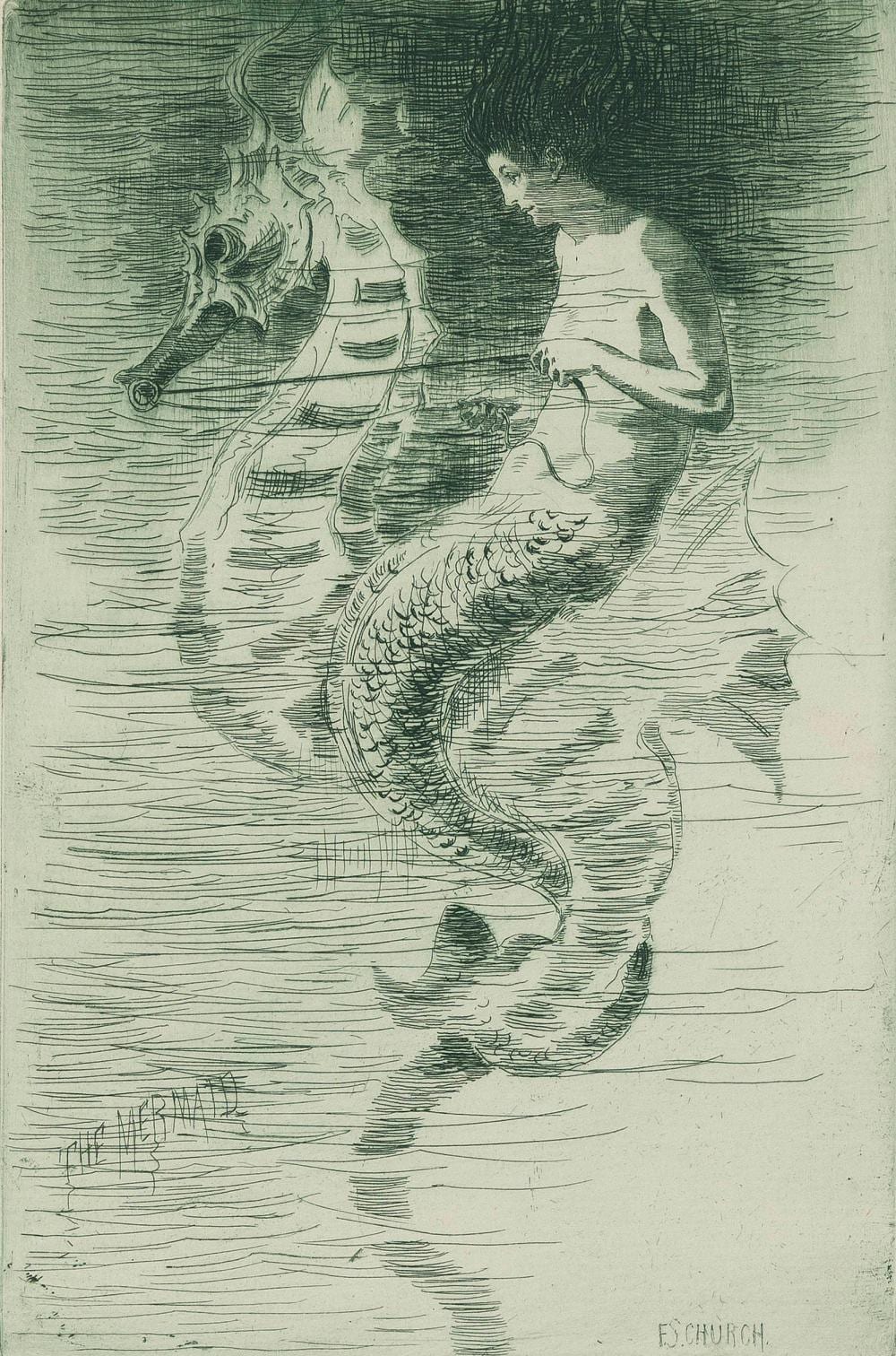 Frederick Stuart Church comparable auction result: frederick stuart church new york michigan 1842 1924 the mermaid etching printed in green 9 x 6 unframed