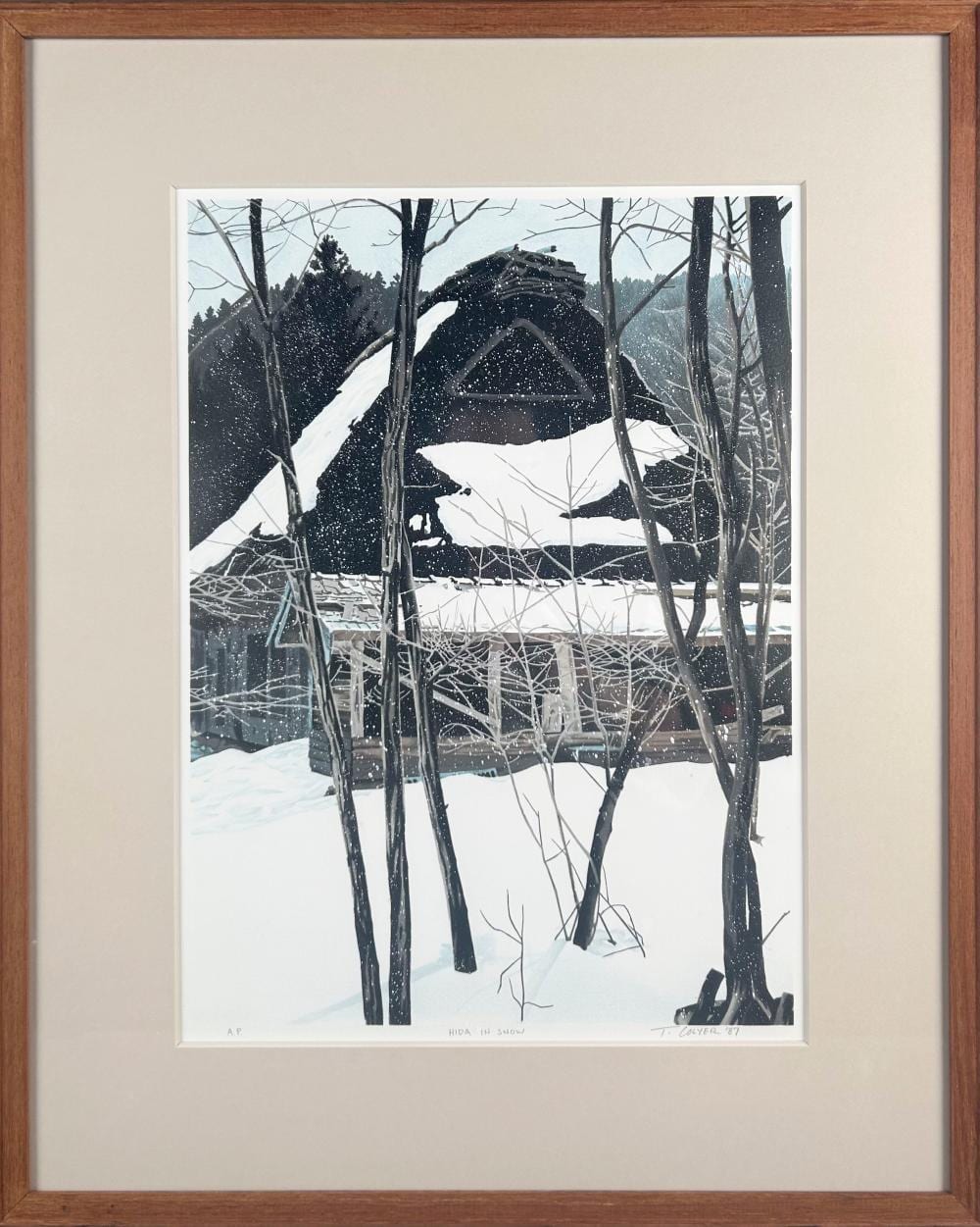 Ted Colyer comparable auction result: ted colyer canada japan 1947 hida in snow 1987 woodblock print 19 x 14 sight framed 27 x 22
