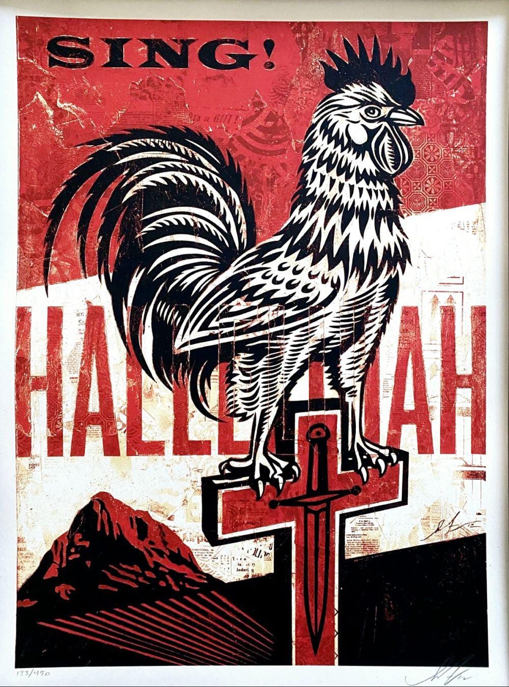 Red and black graphic artwork featuring a white-and-black rooster standing on a large cross, with “SING!” text at the top.