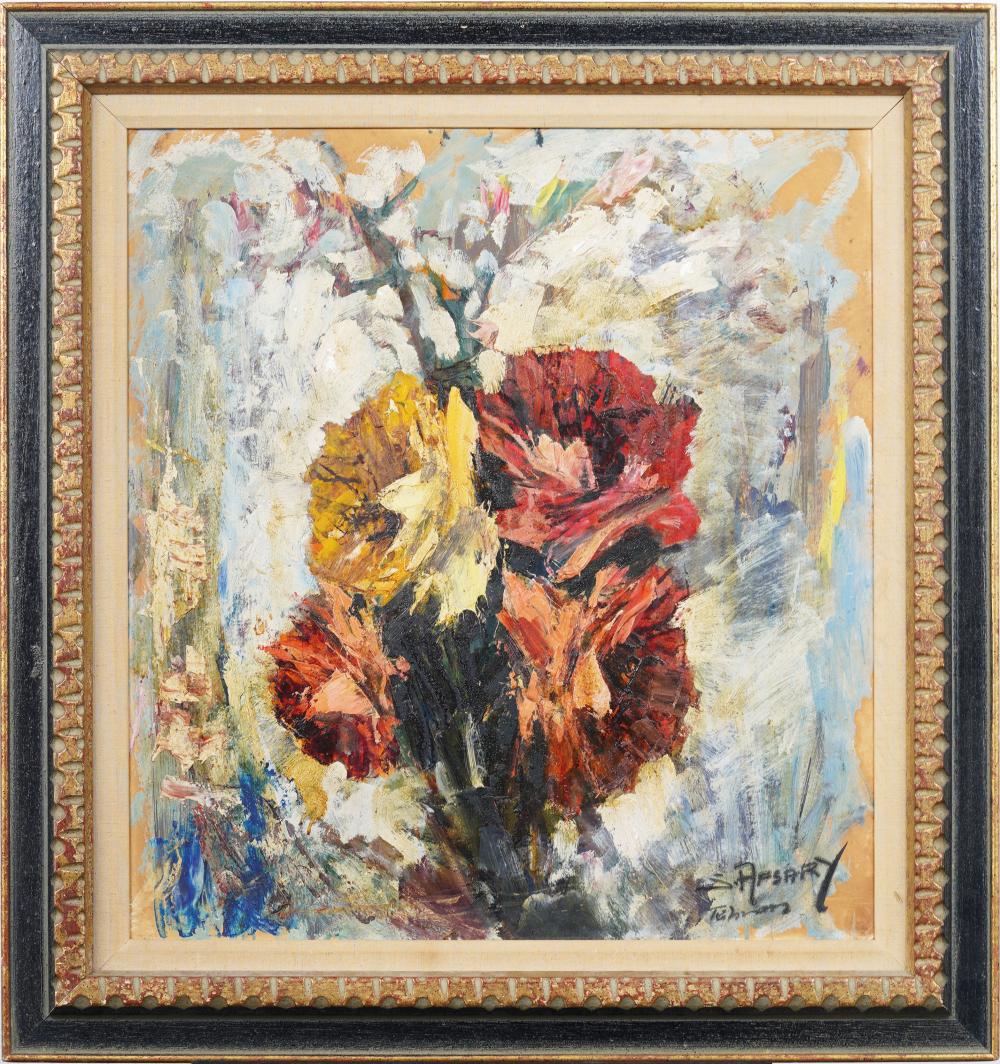 Cyrus Afsary comparable auction result: cyrus afsary born 1941 large american modernist framed flower still life oil painting