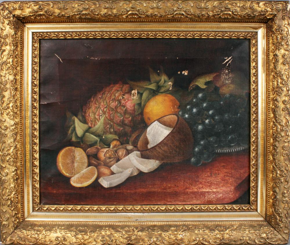 NO SHIPPING THIS ITEM: antique framed oil on canvas still life painting: an unsigned work – fruit, coconut & pineapple on a red marble ledge; in a proper gilt embossed plaster over wood molding frame; 21 1/8” T X 18 ¼” W – (Painting with several tear sold by Roan Inc. Auctioneers & Appraisers, lot 137 — auction record photograph