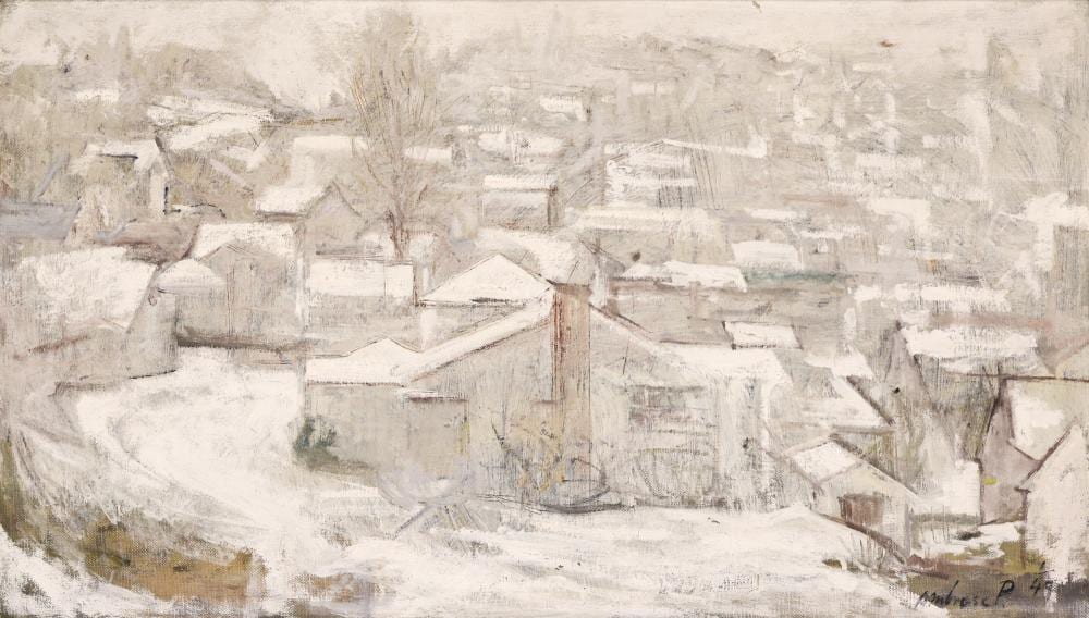 Ambrose Patterson comparable auction result: ambrose patterson suburban snow 1949 oil