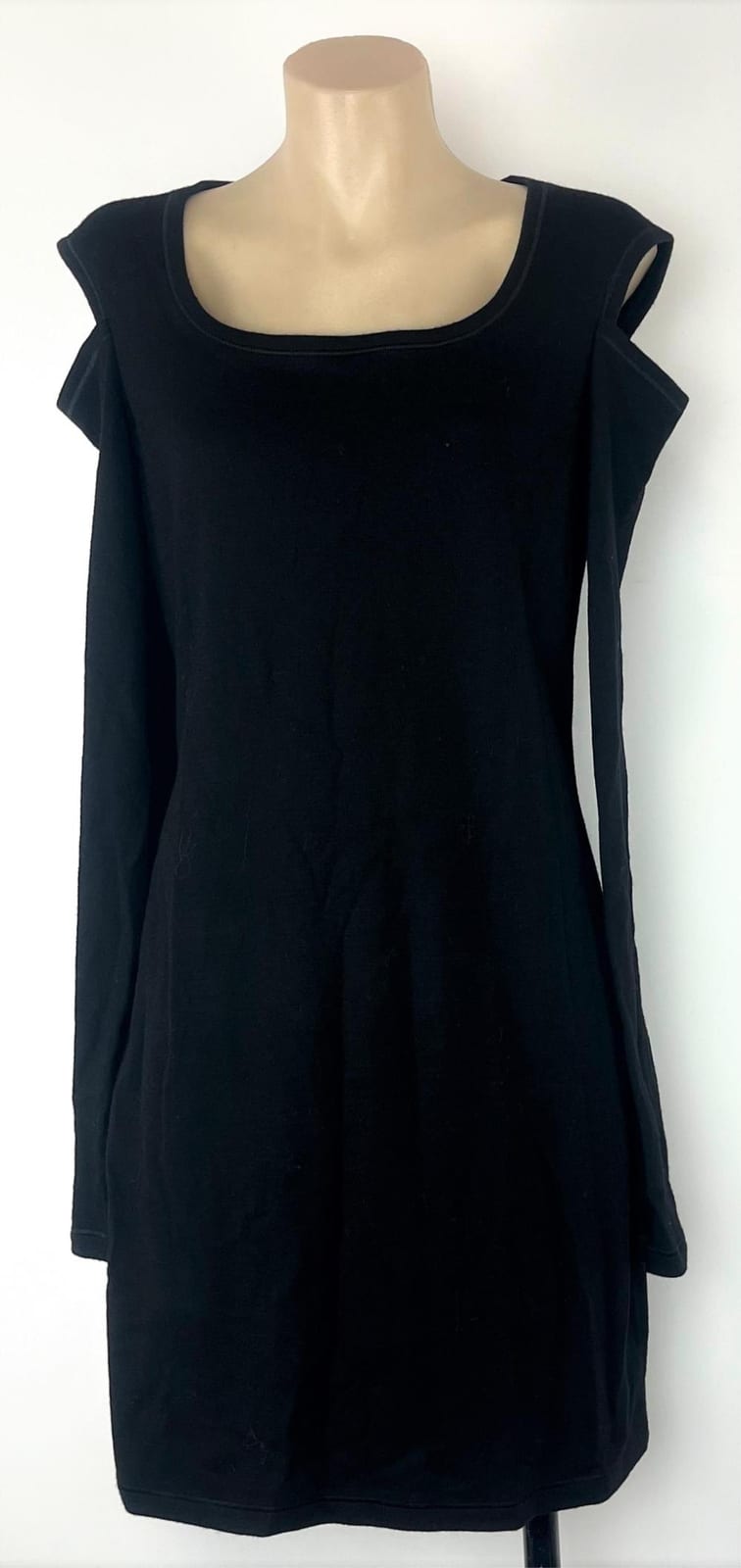 Helmut Lang comparable auction result: helmut lang america black midi length dress wool blend square neckline shoulder cutouts long sleeve