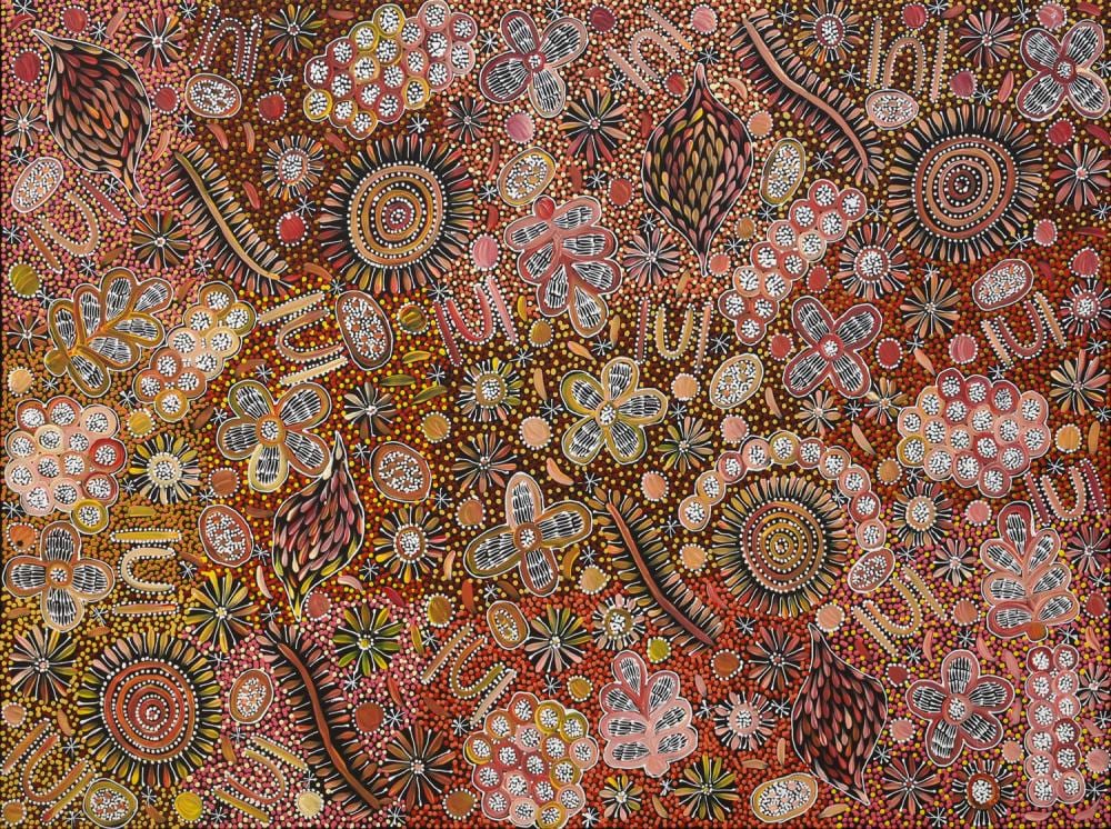 Janet Golder Kngwarreye comparable auction result: janet golder kngwarreye bush leaves acrylic on canvas 96cm x 128cm