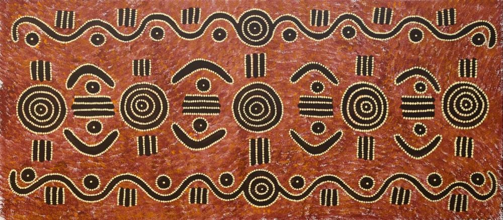 Michael Nelson Jagamarra comparable auction result: michael nelson jagamarra kangaroo and lighting dreaming acrylic on linen 91cm x 206cm