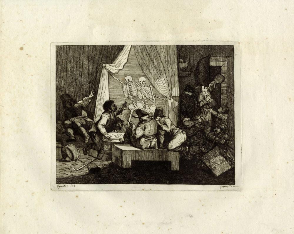 Jacques Gamelin comparable auction result: jacques gamelin due tavole con scheletri che irrompono in scene conviviali a toulouse imprimerie de j f desclassan mdcclxxix 1779