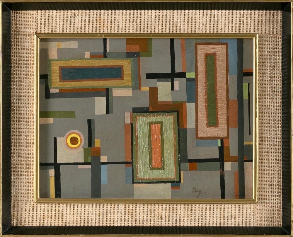 Lloyd Raymond Ney comparable auction result: lloyd raymond ney pennsylvania 1893 1965 modernist composition oil on canvas board 12 x 16 framed 16 5 x 20 75