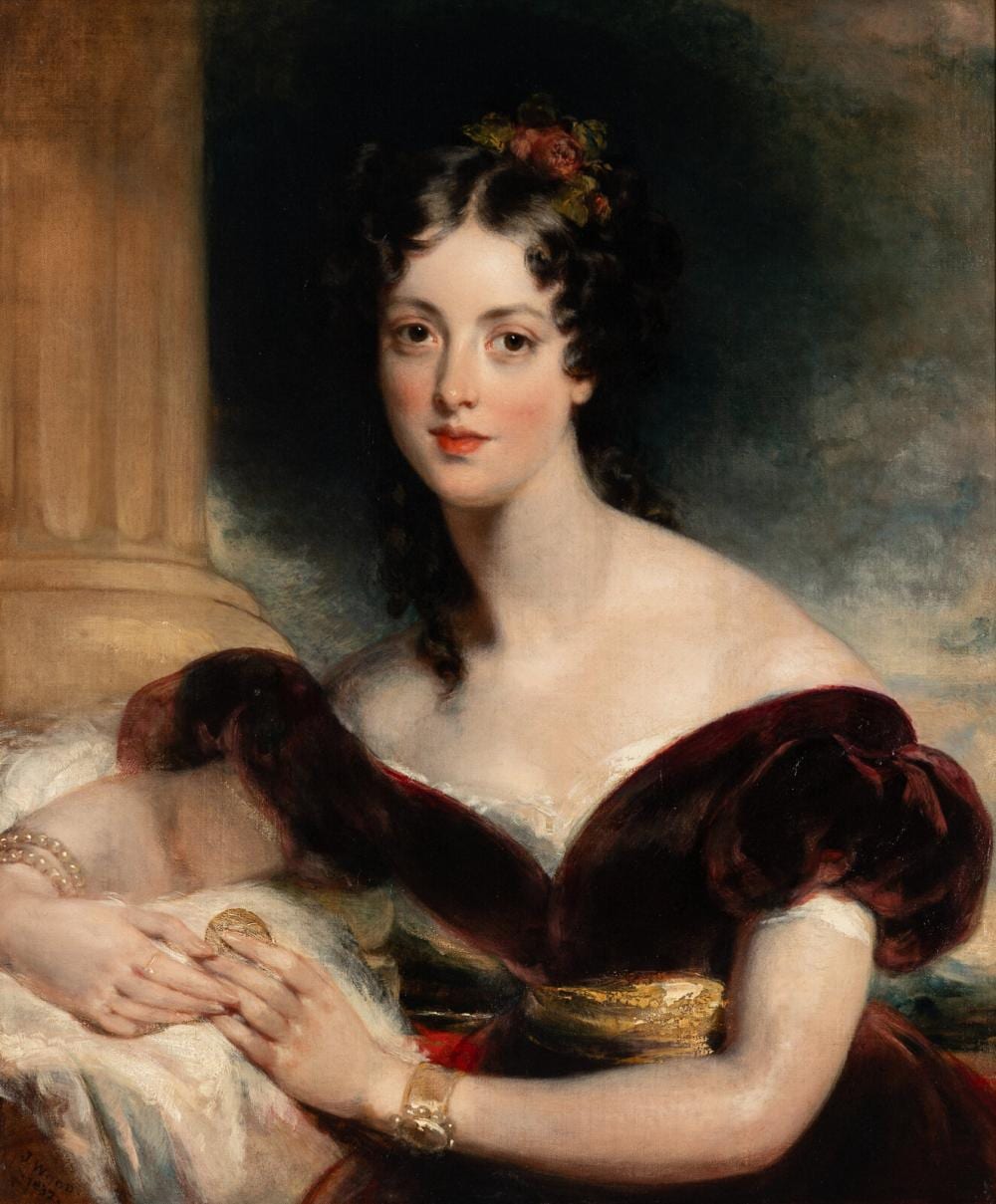 John Wood comparable auction result: john wood british 1801 1870 portrait of the artist s sister sarah wyatt gray n e wood b 1812 half length in a red dress sitting next to a column 1832