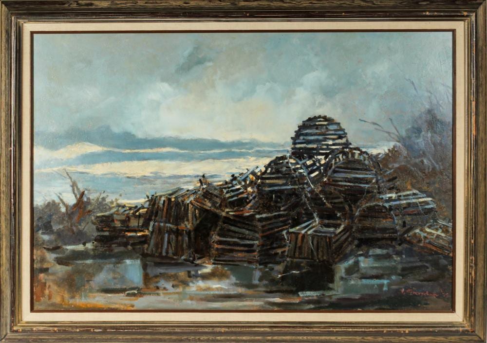 Ted Goerschner comparable auction result: ted goerschner american 1933 2012 lobster traps oil on board painting