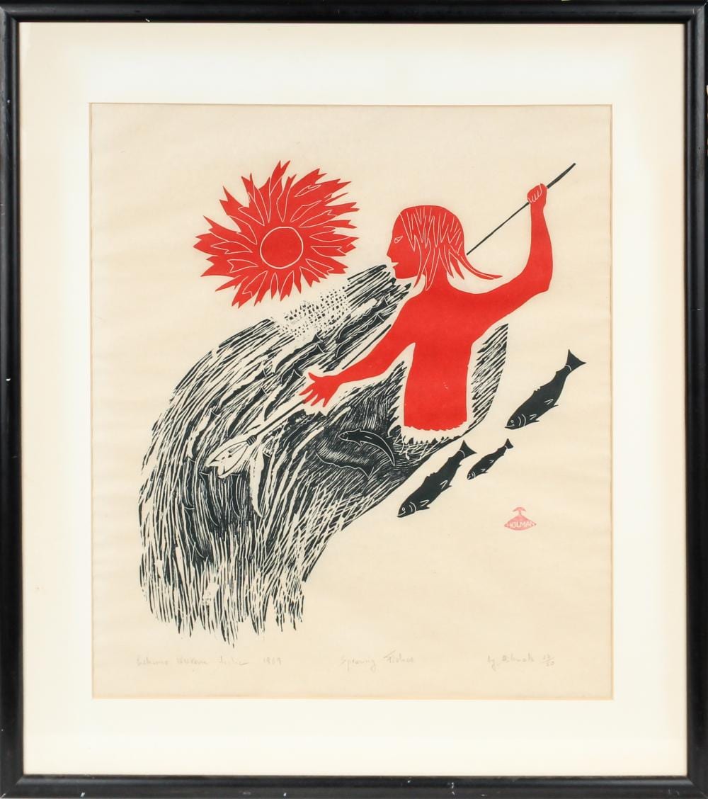 Peter Aliknak comparable auction result: peter aliknak inuit 1928 1998 spearing fishes signed stone cut print